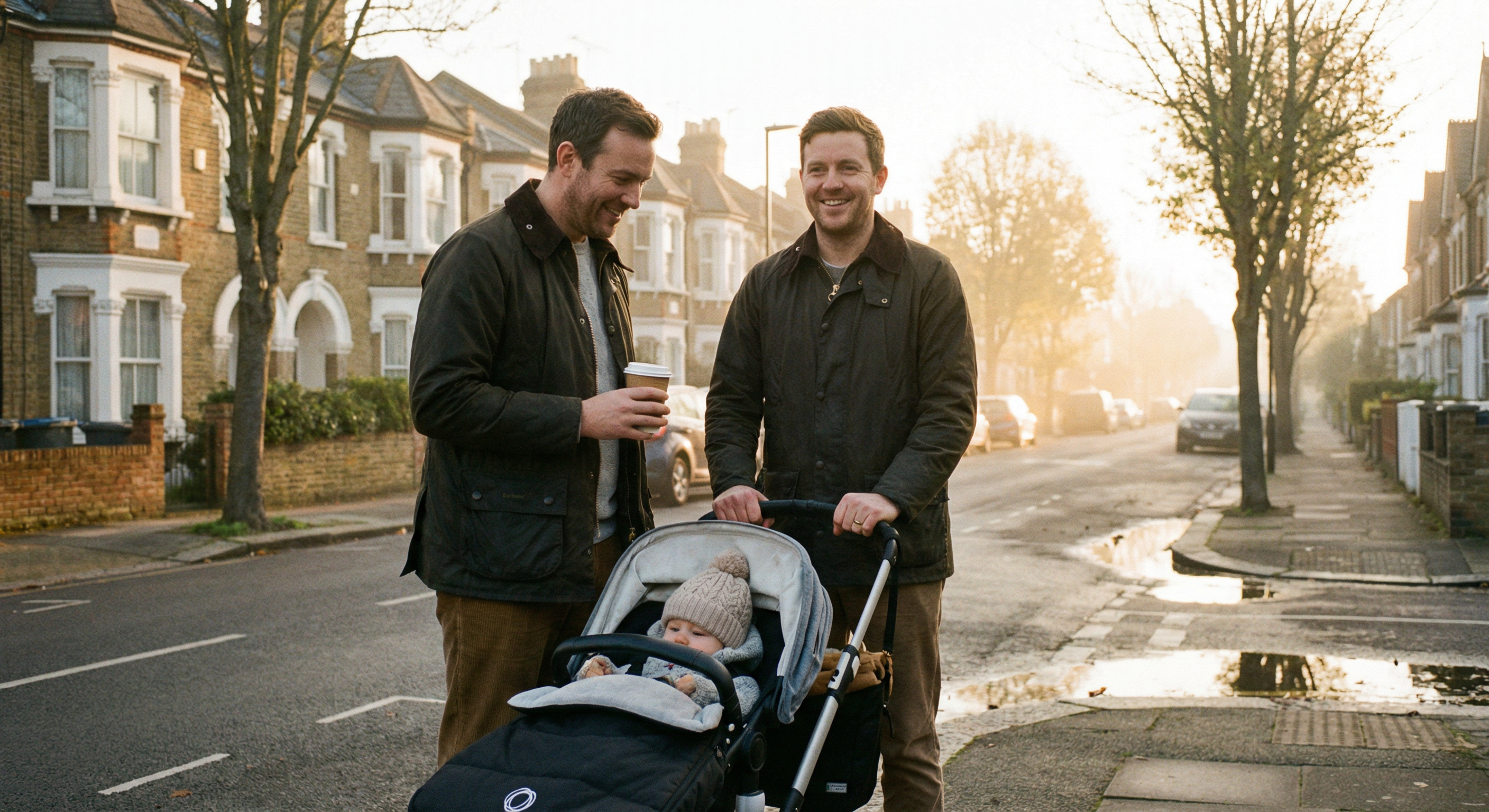Dad on a morning walk with baby